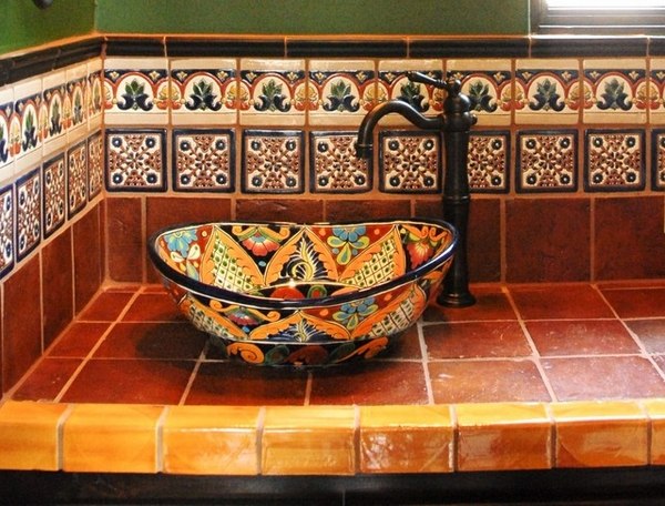beautiful bathroom decor-mexican-tiles-colorful vessel sink