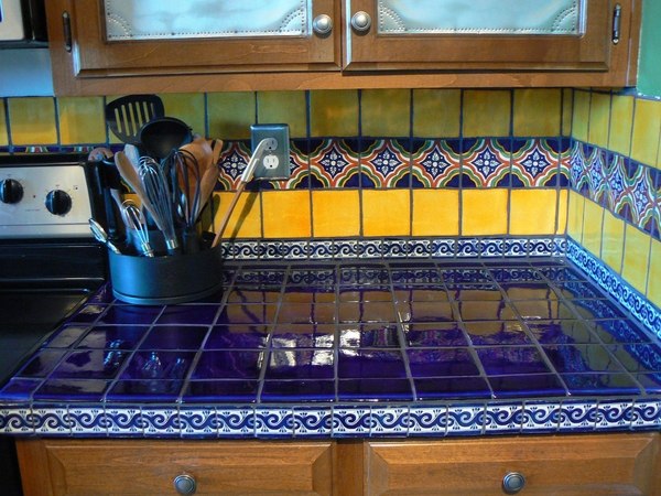 blue yellow mexican tiles kitchen design ideas
