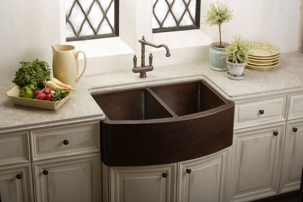 brown farmhouse sink design brass faucet wooden kitchen cabinets