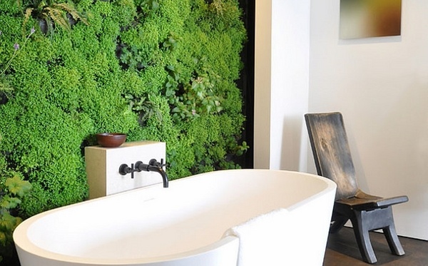 trendy bathroom design vertical green wall freestanding tub