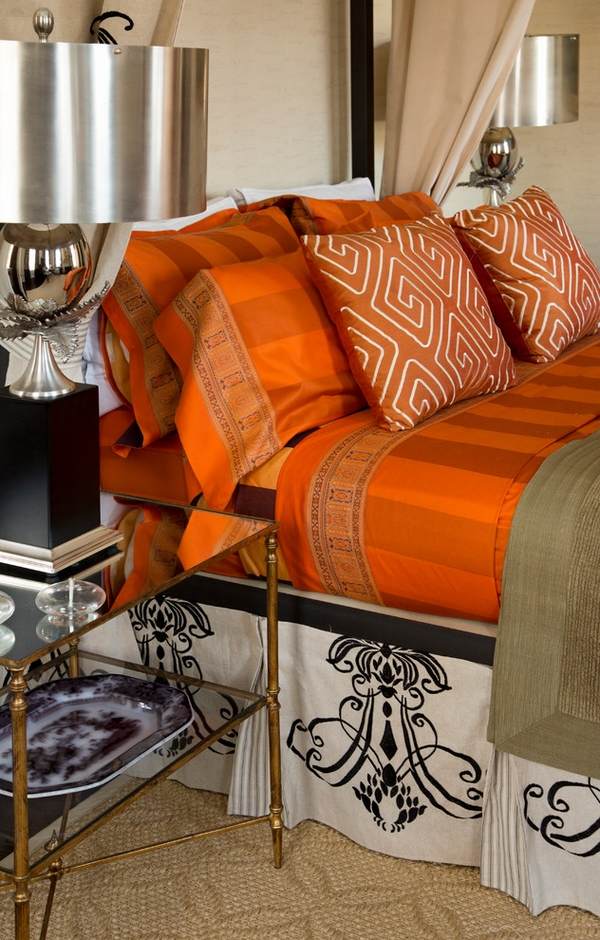 contemporary bedroom black white skirt orange bedding set