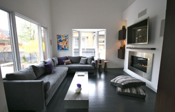 contemporary living room furniture sofa fireplace floor cushion