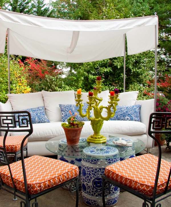 patio design ceramic stools glass top garden table ideas