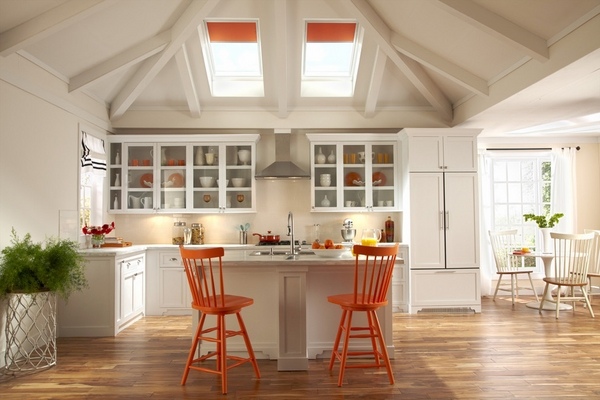 contemporary white kitchen design Velux skylights
