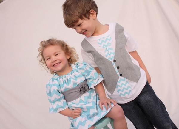 outfits for boys girls siblings blue chevron pattern