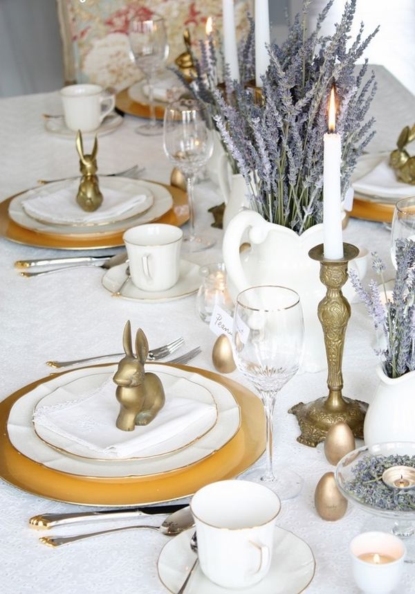 elegant table decorations white beige colors bunny figures
