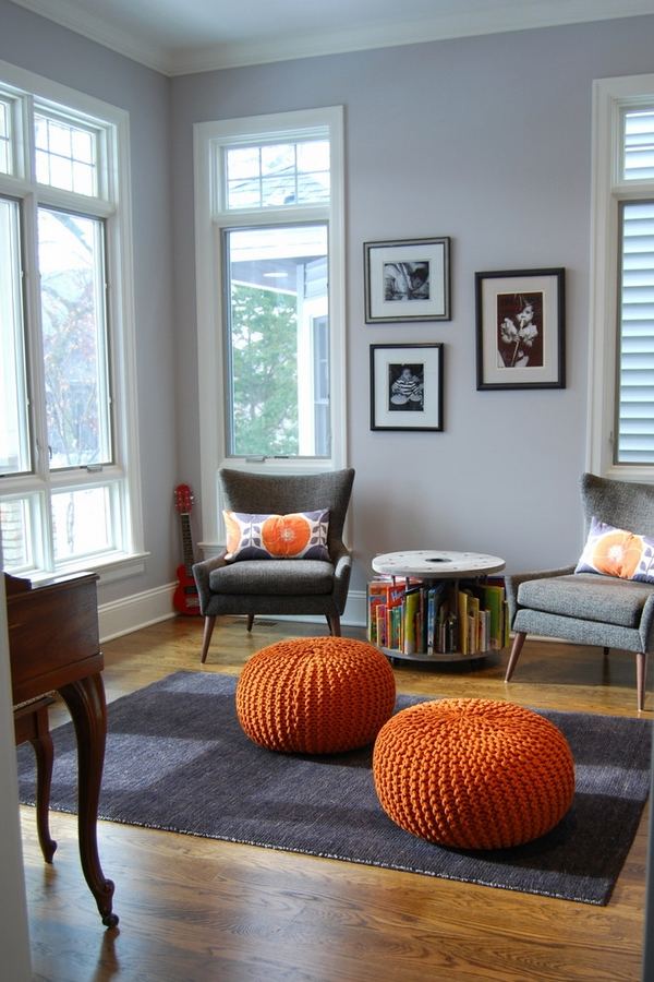 family room furniture ideas orange poufs round shape