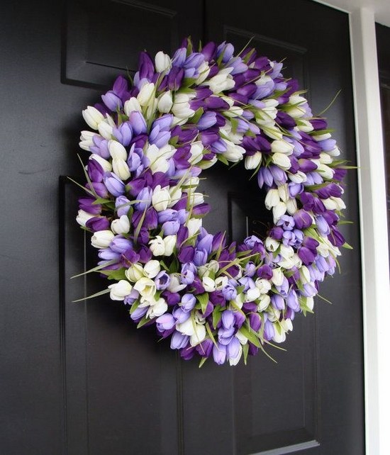front door easter wreaths ideas with flowers white purple tulips