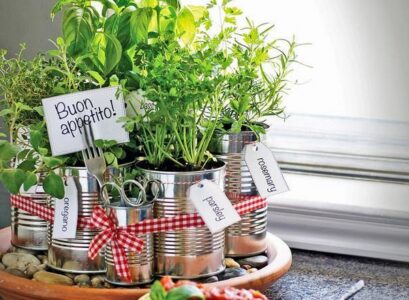 indoor-herb-garden-ideas-tin-cans-gravel-ribbons