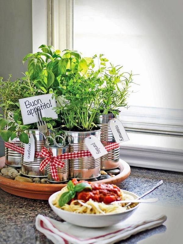 indoor herb garden ideas tin cans gravel ribbons