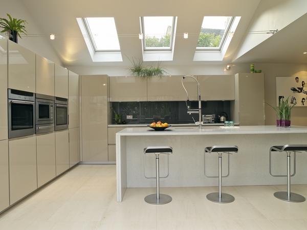 interior lighting velux skylights modern white kitchen design white island bar stools