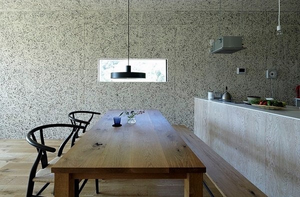 minimalist-dining-room-ideas-wooden-table-bench-modern-lighting-fixtures