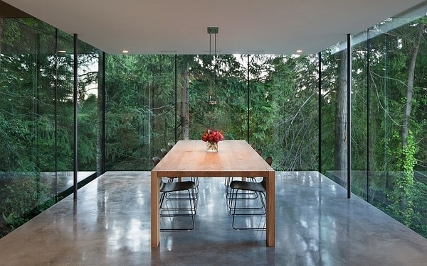 wooden table glass walls