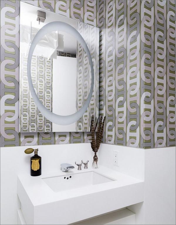 modern bathrooms budget designs geometric wallpaper wall mirror white corner sink