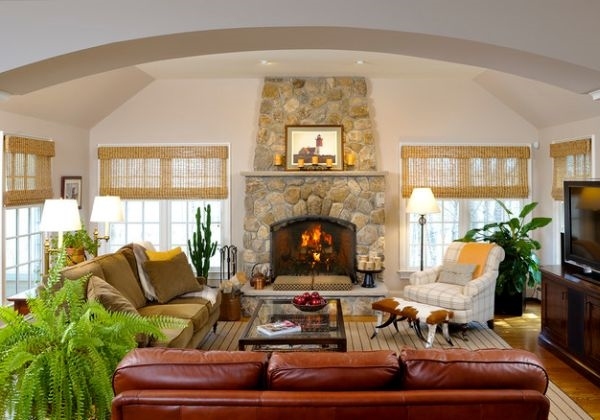 modern living room bamboo blinds stone fireplace eclectic furniture