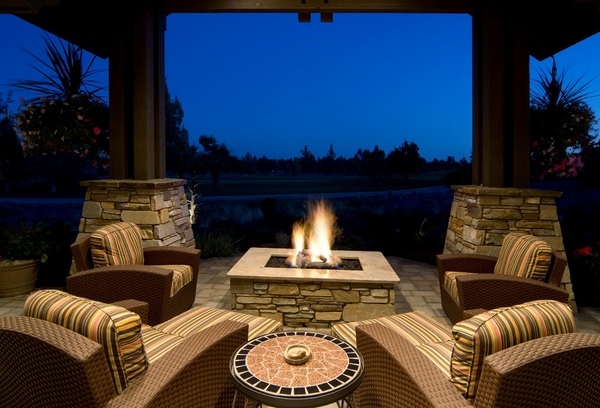 patio design coffee table propane fire pit armchairs