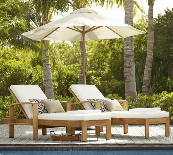 pool area furniture wooden lounge chairs white cushions
