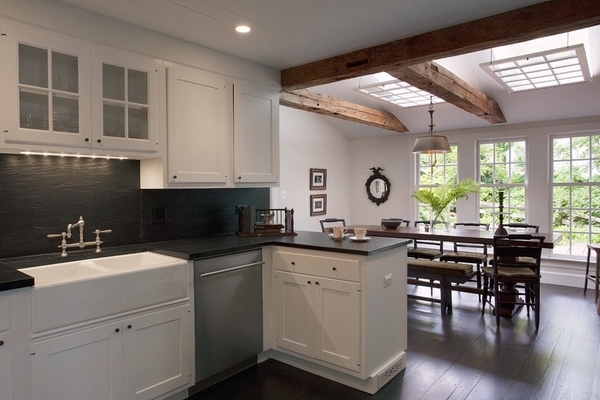 open plan kitchen Velux skylights grids wooden ceiling beams