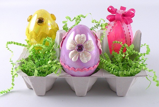 plastic easter eggs decoration ribbon flowers beads paper grass