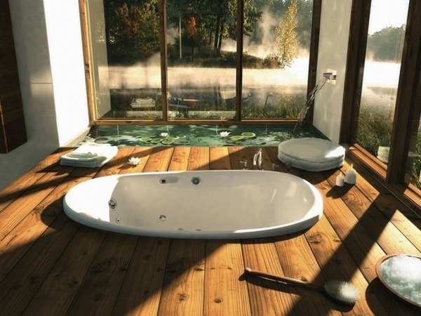 spa bathroom design whirlpool tub in the floor wooden flooring