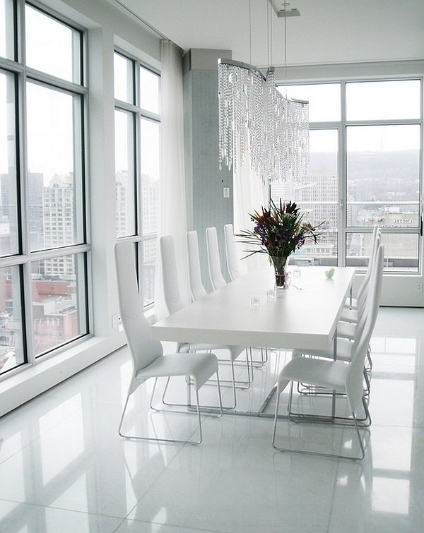 minimalist dining room design white table chairs crystal chandelier