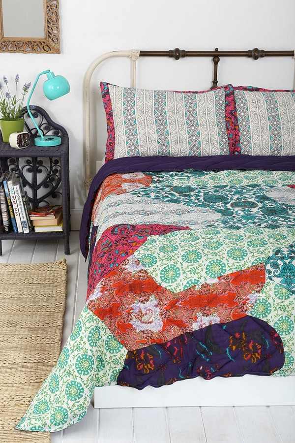 magical-thinking-bedding-pastel green grey red orange accents