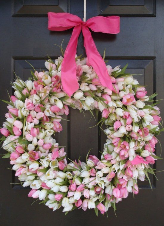 white pink spring tulips flowers Easter wreaths ideas