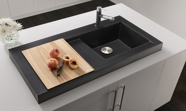 silgranit sink design black color wooden sliding cutting board