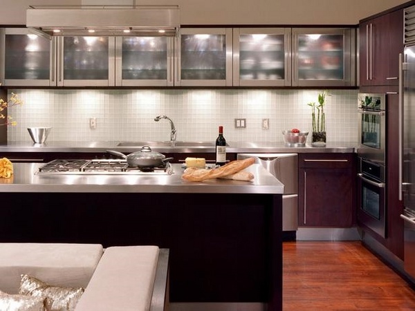 Glass front cabinets metal frames modern kitchen 