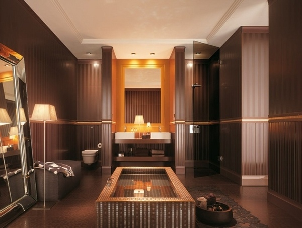 Gold chocolate brown moderne bathroom tile ideas 3D effect