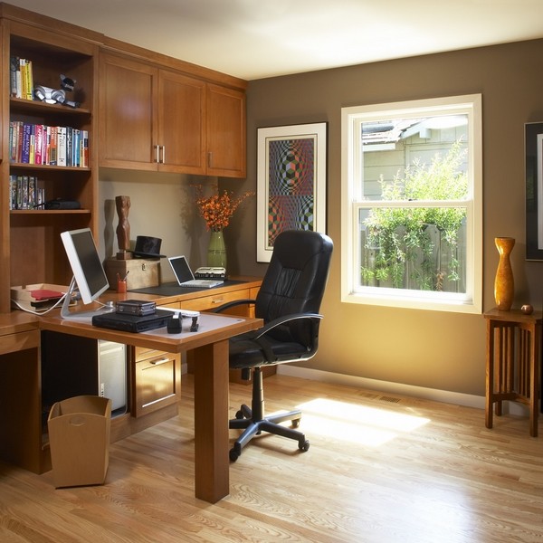 small office ideas black leather chair bookshelves
