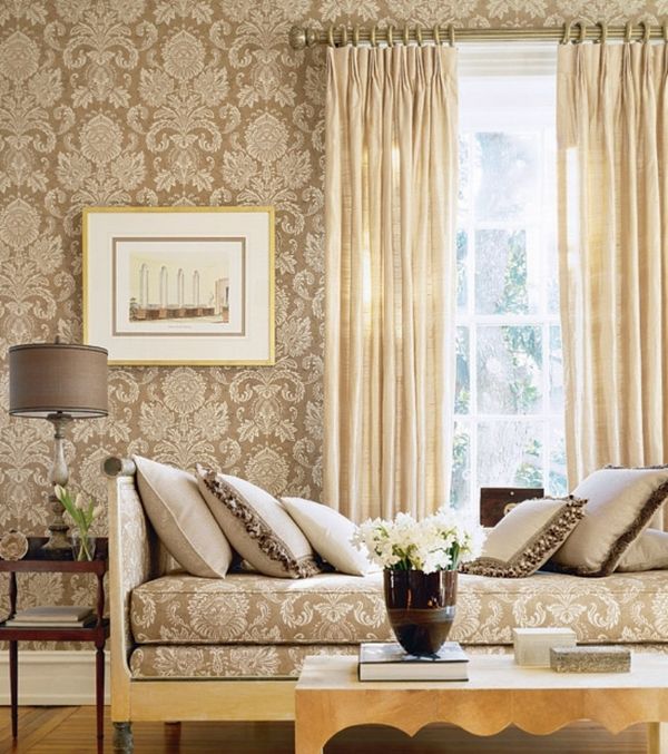 design ideas beige damask pattern wallpaper matching sofa