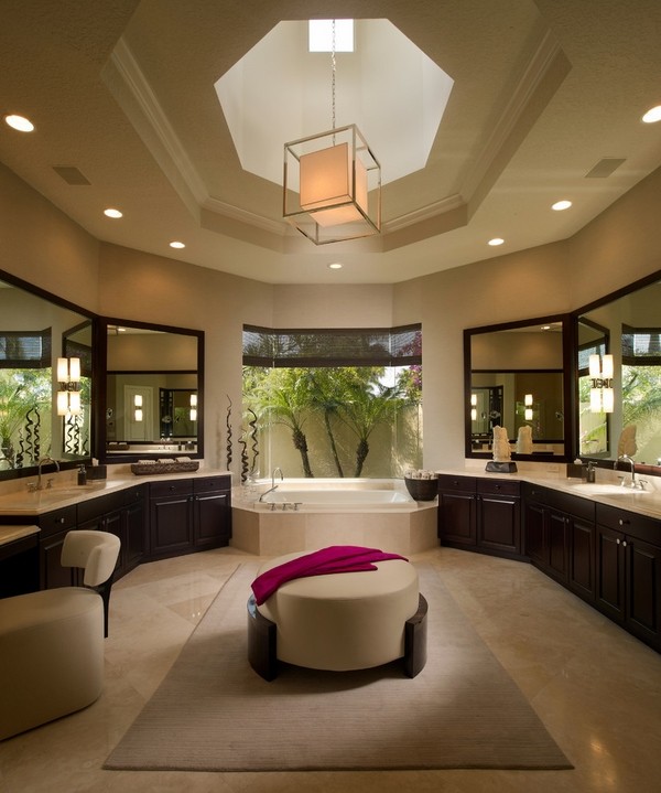 Luxury-master-bathroom-ideas-bay-window-beige-area-rug-beige-chair-modern-chandelier