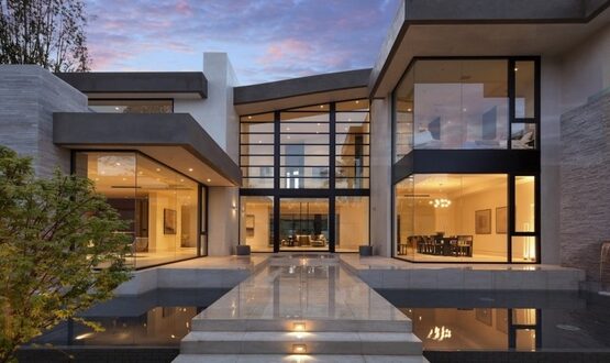 Modern-house-design-exterior-glass-front-door-koi-pond