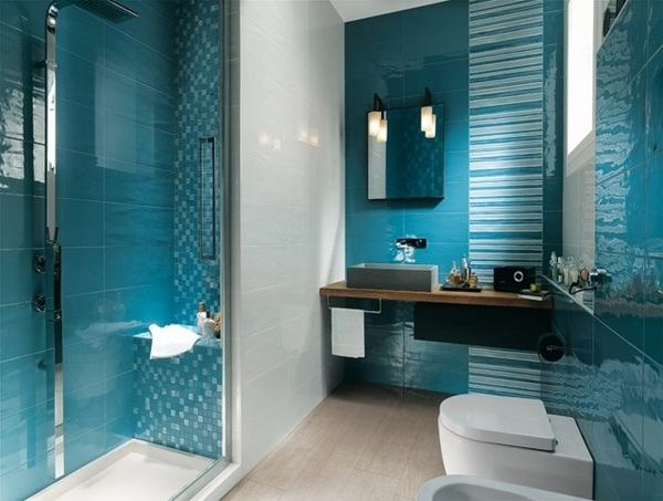 blue tiles different patterns small bathroom ideas