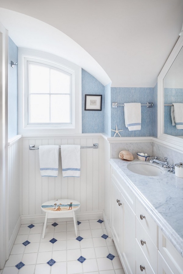 beautiful small bathroom white panels blue wall color