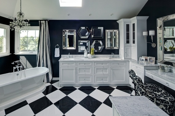 black and white interior design white vanity black wall color