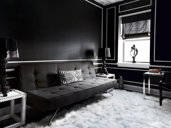 ideas black wall color black sofa white area rug