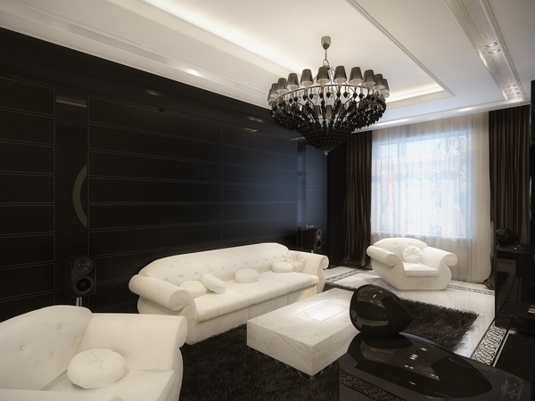black wall color white furniture chandelier