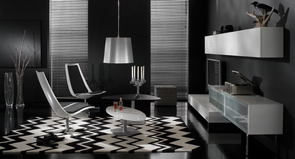 black-living-room-ideas-black-white-chevron-pattern-floor-white-furniture