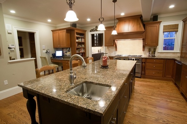 cherry kitchen cabinets granite countertop pendant lamps recessed lighting