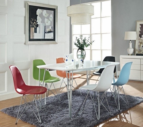 colorful dining ideas grey rug white table