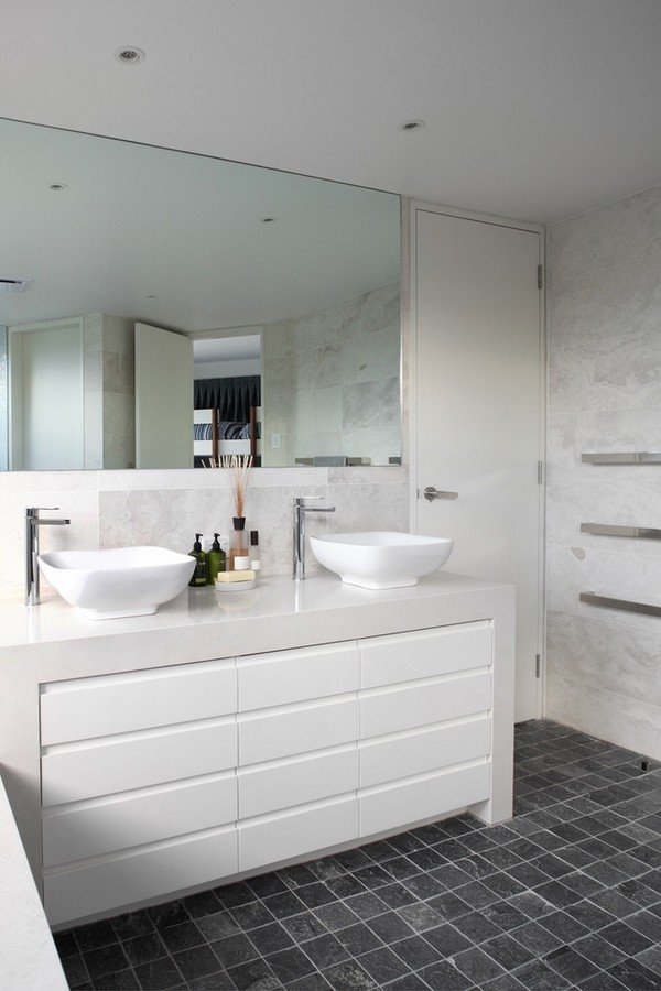modern bathroom minimalist vanity design gray floor tiles