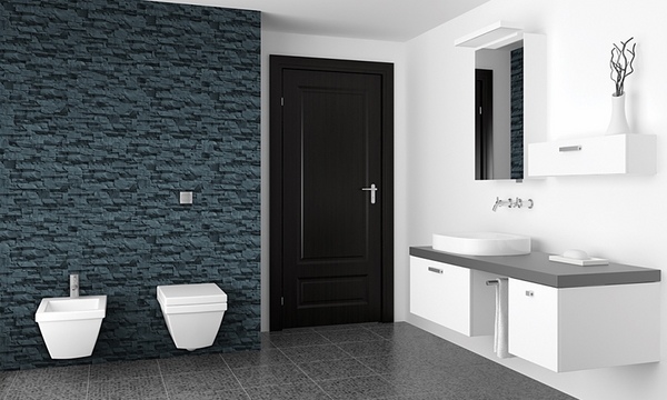gray bathroom design with white bathroom furniture