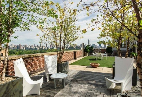 contemporary rooftop garden design trees plant containers patio furniture 