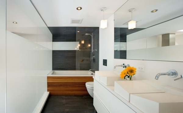 elegant modern bathroom  dark floor tiles