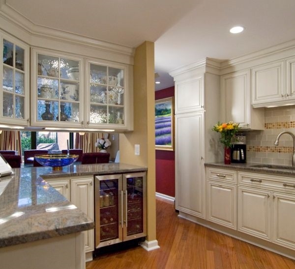 frosted glass doors modern white cabinets wood flooring