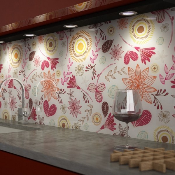 glass backsplash floral pattern contemporary cabinets