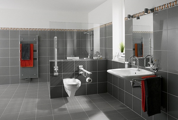 design gray floor wall tiles red accents