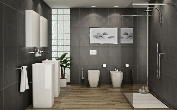 gray bathroom tiles white column sinks modern design ideas